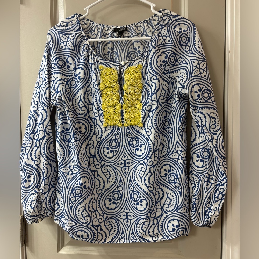 Talbots Blue and Yellow Paisley Blouse - Picture 1 of 6